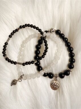 Lotus Obsidian Charm Bracelet Trio - Crystal Bracelet Layering Set